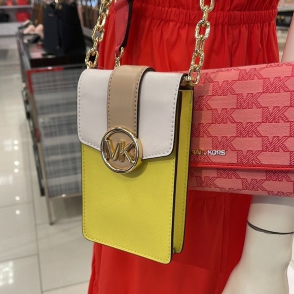 Michael Kors Carmen Small Color-Block Faux Leather Phone Crossbody Bag Sunshn - Picture 16 of 16